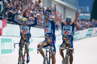 The all-Mapei and all-Colnago podium from the 1996 Paris-Roubaix