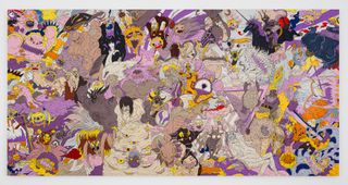 A painting shows monsters from Final Fantasy 2 clustered together in shades of pink and yellow.