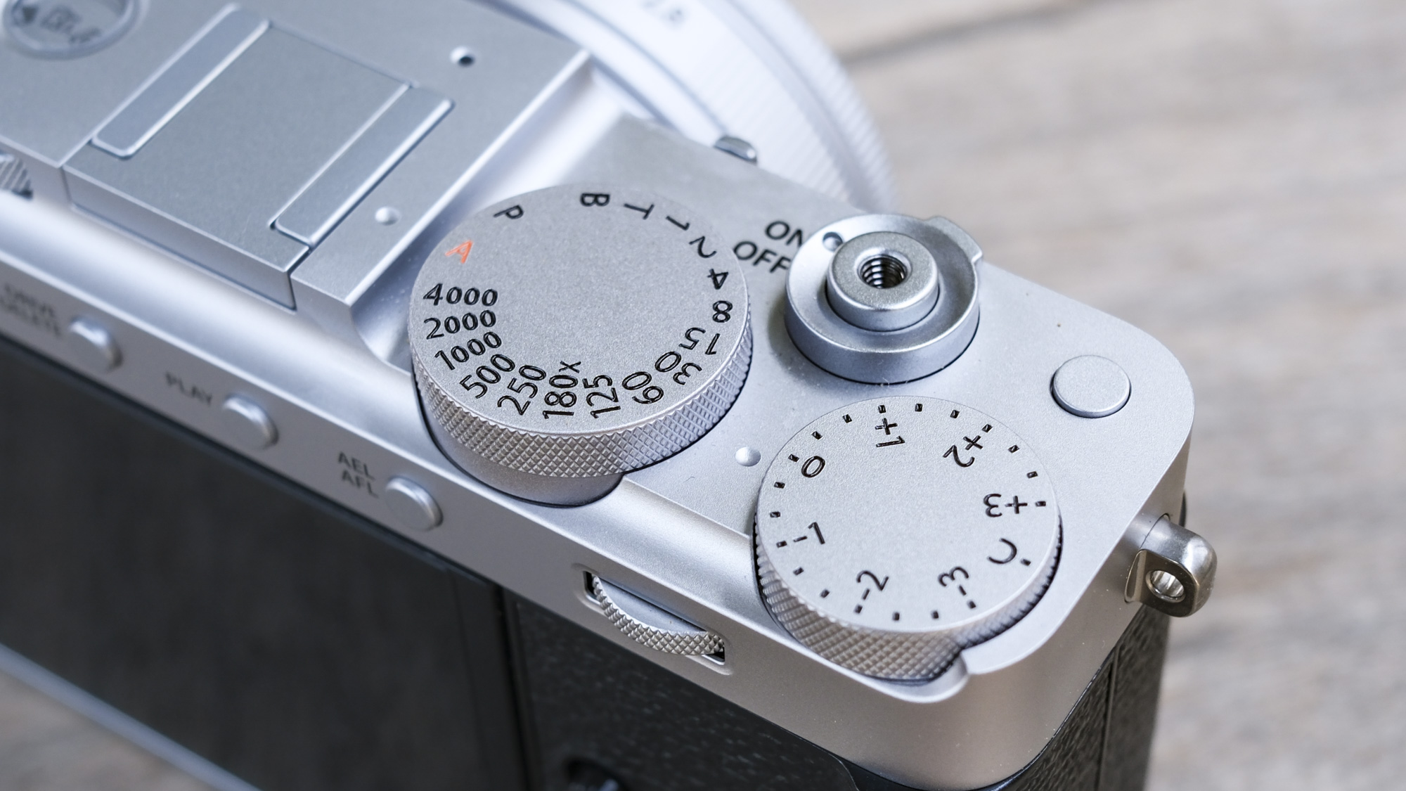 Closeup of the Fujifilm X-E5's exposure dials