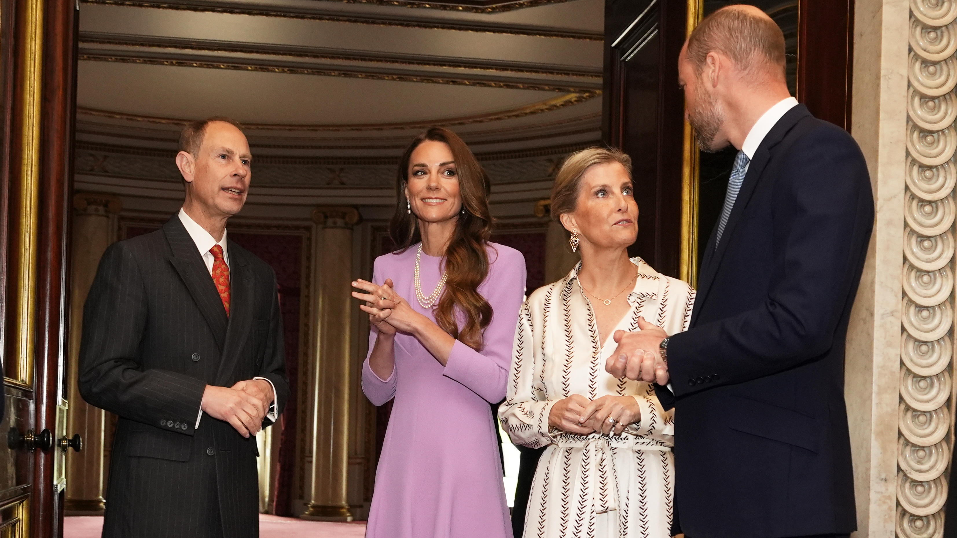 Prince Edward, Catherine, Princess of Wales, Sophie, Duchess of Edinburgh and Prince William attend a reception at Buckingham Palace on April 21, 2026