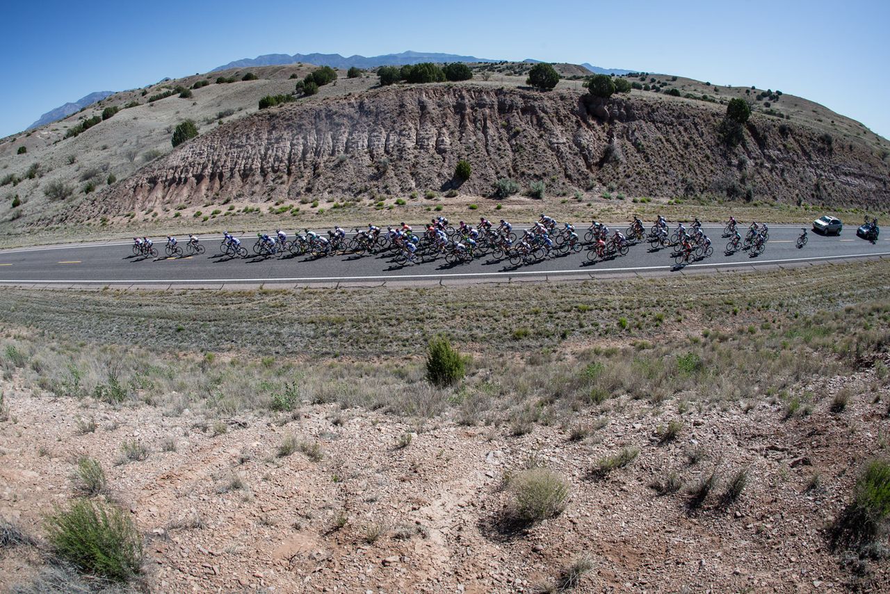 The women's field gets strung out with a break up the road