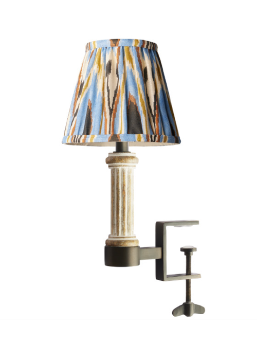 Bronte Cordless Bookshelf Light in Natural Whitewash With 6" Blue Heraldic Ikat Empire Shade