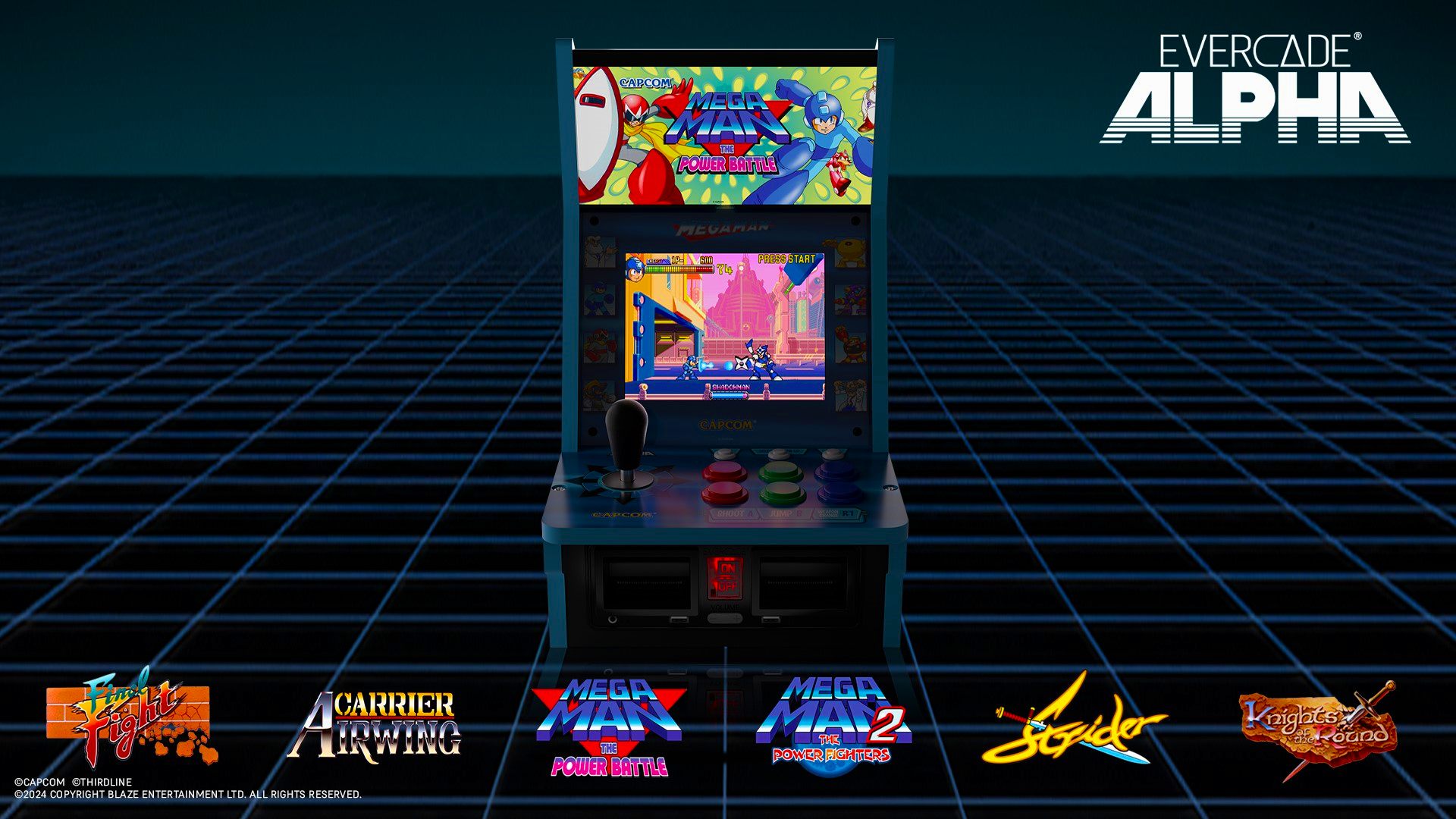 Evercade Alpha Mega Man: The Power Battle arcade cabinet with included games list logos along the bottom