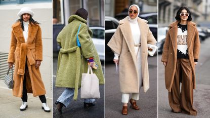 women in furry teddy coats in the street