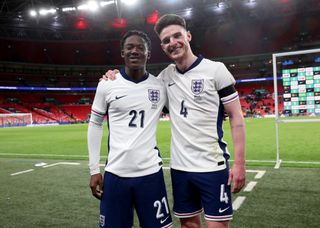 Kobbie Mainoo and Declan Rice of England pose for a photo following the international friendly match between England and Brazil at Wembley Stadium on March 23, 2024 in London, England. (Photo by Eddie Keogh - The FA/The FA via Getty Images) Euro 2024