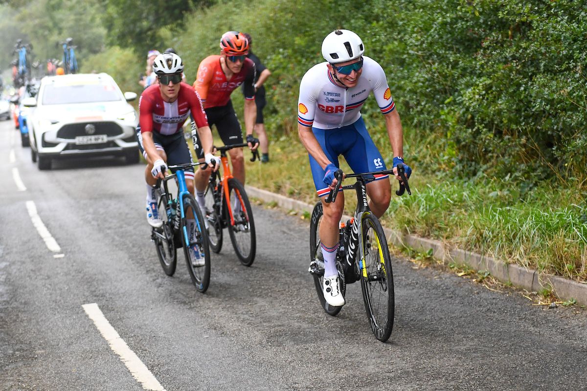 Picture by Simon Wilkinson/SWpix.com - 07/09/2024 - Lloyds Bank Tour of Britain 2024 - Stage 5: The West Northamptonshire Stage Northampton to Northampton - Matt Holmes (Great Britain), Connor Swift (INEOS Grenadiers), Rasmus Pedersen (Decathlon AG2R La Mondiale DT) in the breakaway