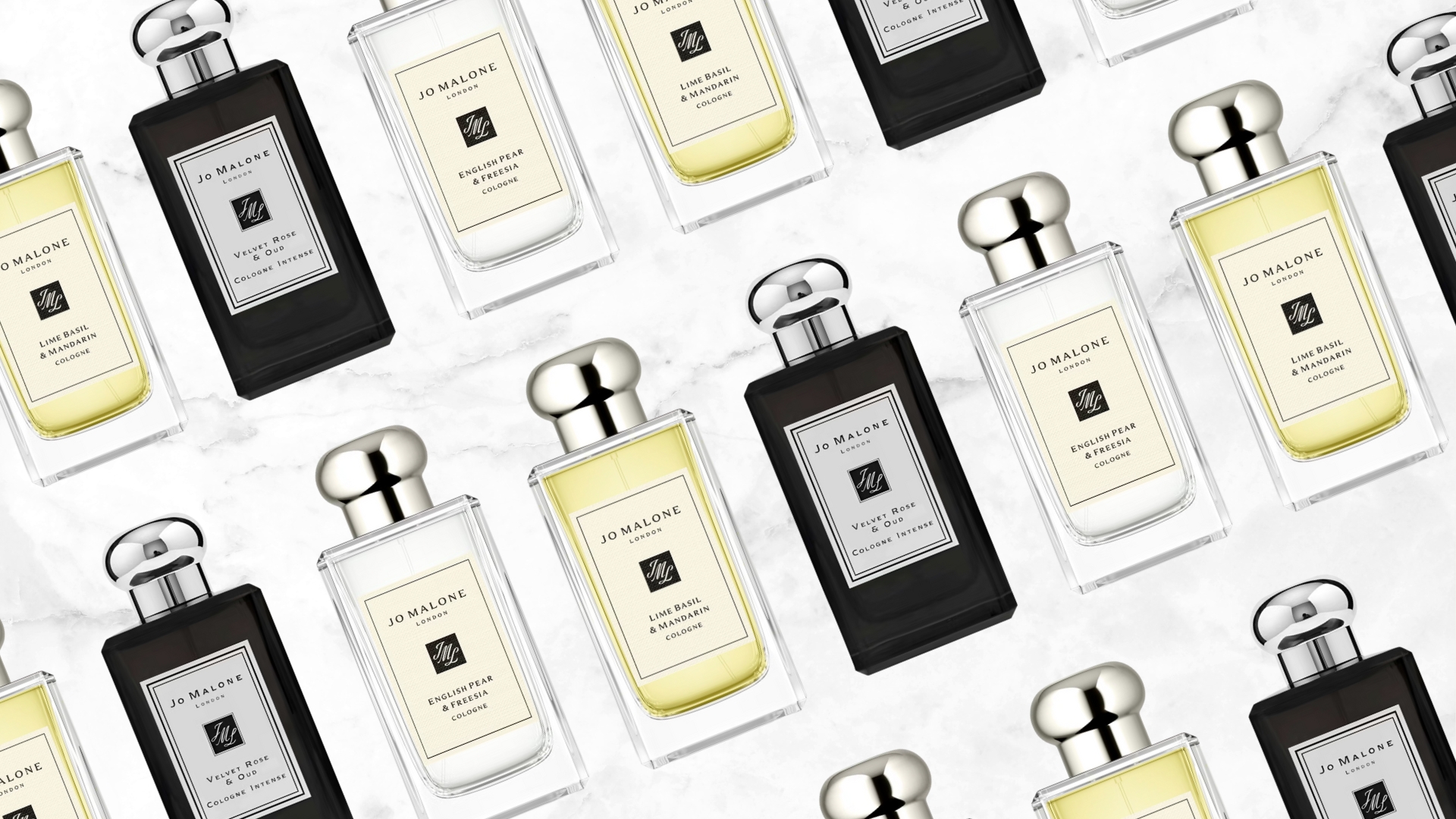 A collage of Jo Malone perfumes, seen in a diagonal line pattern on a white and grey marble-effect template