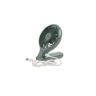 The sage green John Lewis handheld and portable folding desk fan with USB charging cable