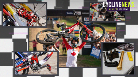 A collage of pictures relating to downhill MTB, with Jackson Goldstone centre, surrounded by images of MTB tech, with a chequered flag background.