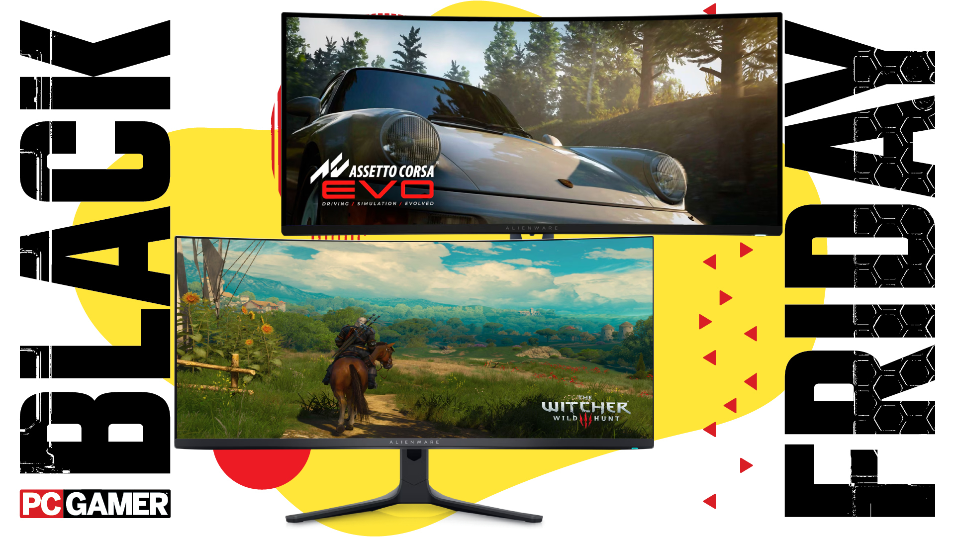 Two Alienware QD-OLED ultrawide gaming monitors on a PC Gamer Black Friday deals background