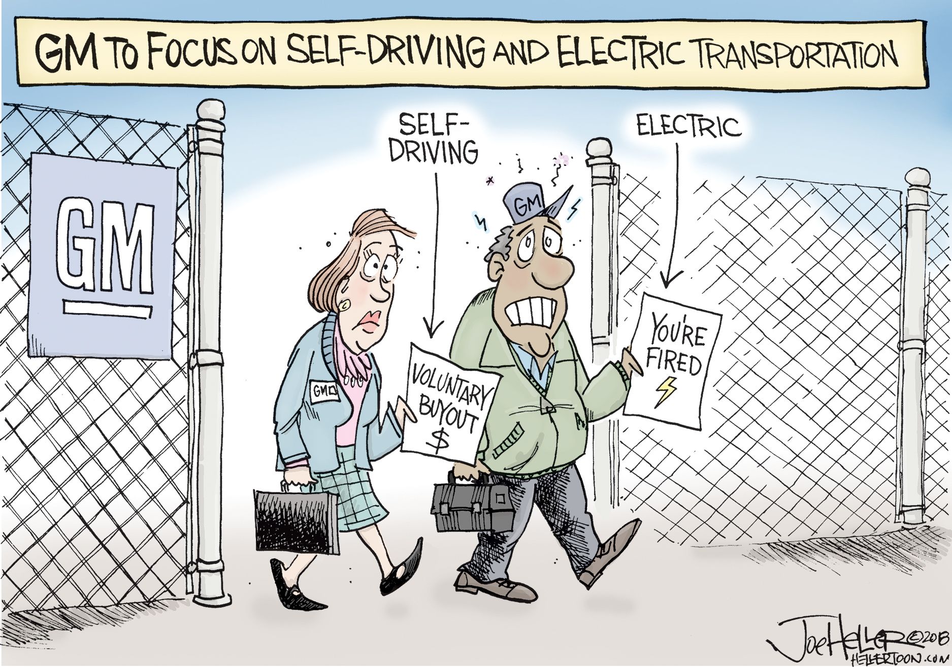 Editorial cartoon U.S. GM layoffs selfdriving electric cars voluntary