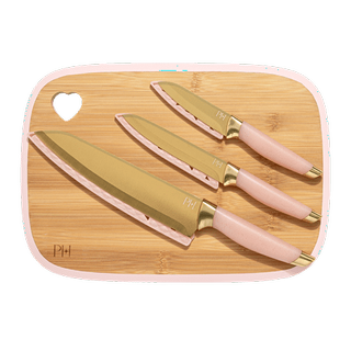 Paris Hilton 7-Piece Heart-Shaped Bamboo Reversible Cutting Board and Stainless Steel Cutlery Set, Pink