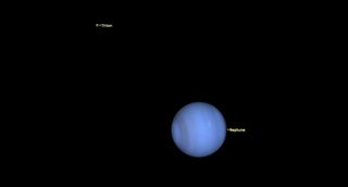 a medium-sized blue orb is labeled Neptune near the bottom center right. Top center left is a much smaller, drab orb, labeled Triton.