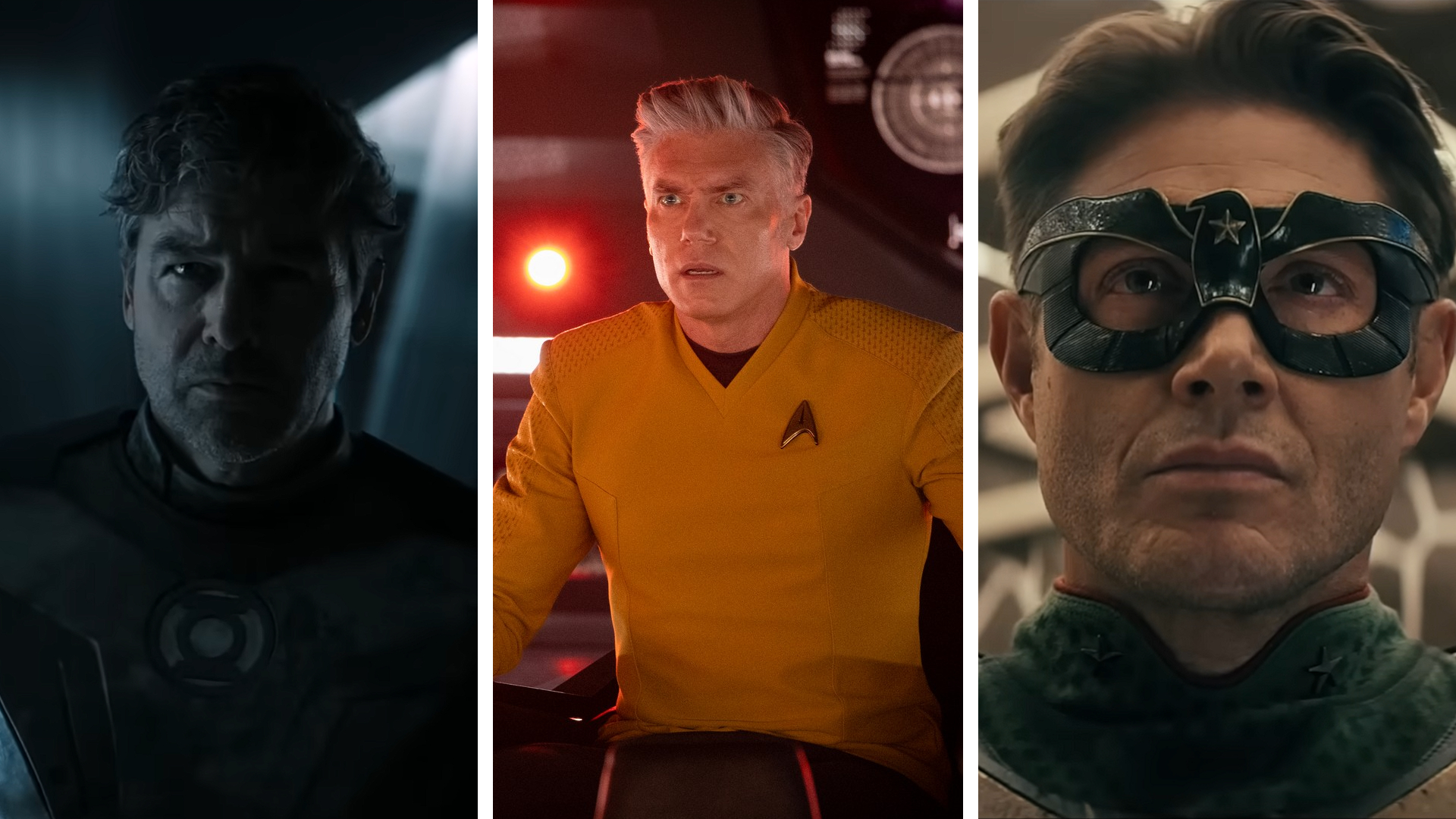 A split image showing three upcoming sci-fi shows: Lanterns, Star Trek: Strange New Worlds, and Vought Rising