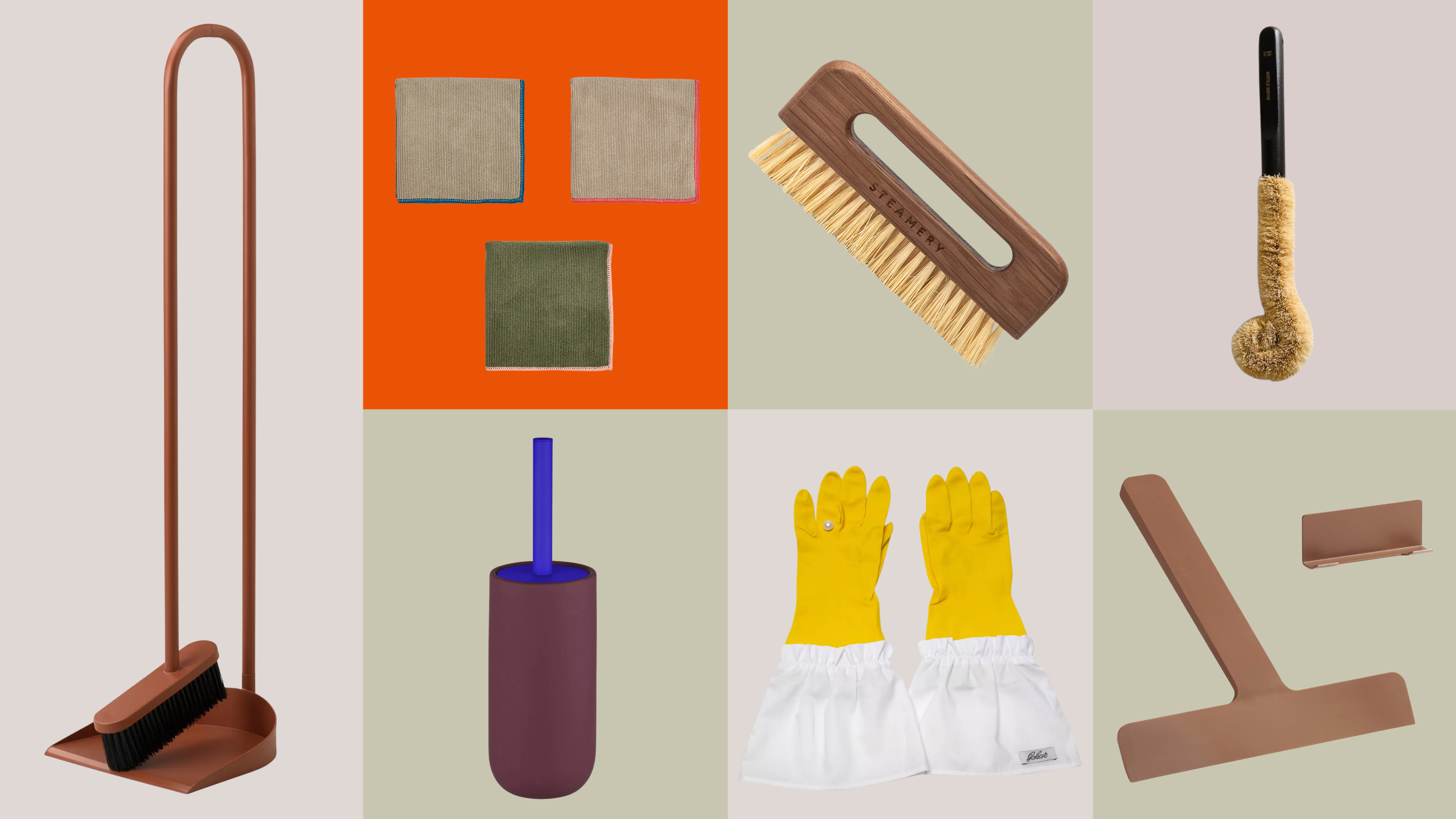 A grid of chic cleaning tools including a dustpan and broom, a set of microfiber cloths, a toilet brush, an oak brush, a pair of cleaning gloves, a bottle brush, and a squeegee