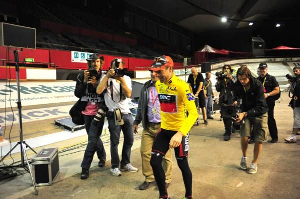 Cadel Evans (BMC) heads for his post-stage press conference.