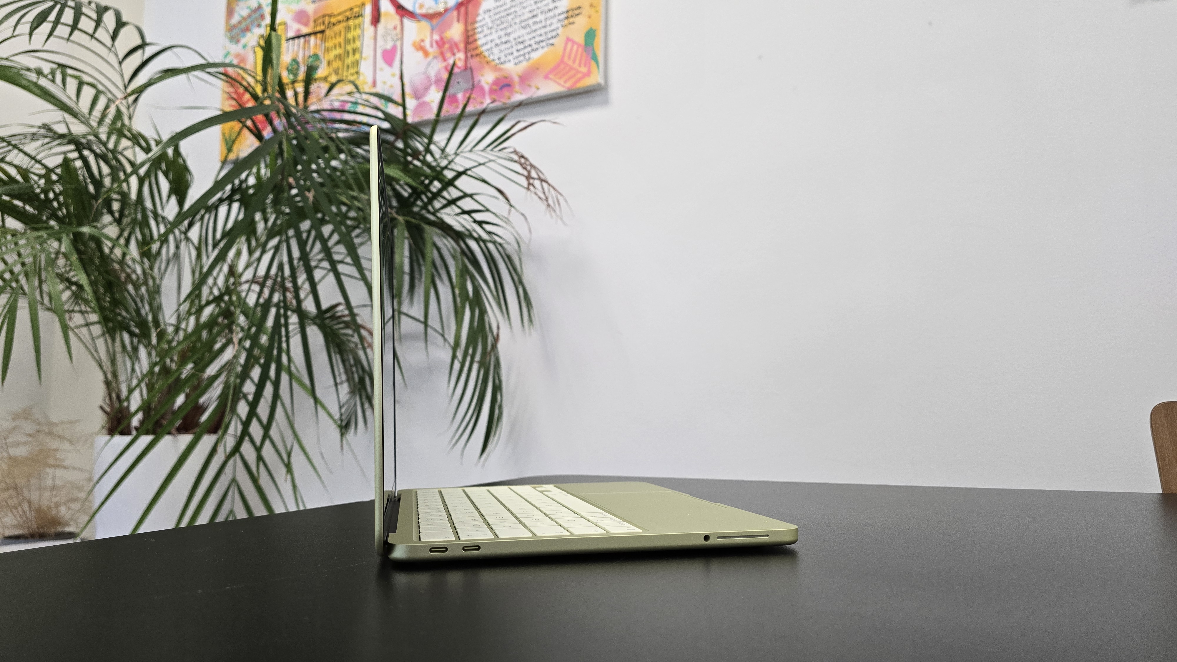 MacBook Neo laptop on a desk with plant in background