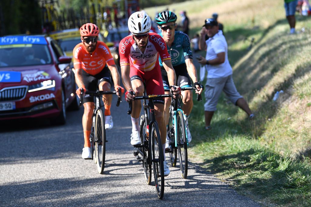 GRAND COLOMBIER FRANCE SEPTEMBER 13 Simon Geschke of Germany and CCC Team Jesus Herrada Lopez of Spain and Team Cofidis Solutions Credits Pierre Rolland of France and Team BB Hotels Vital Concept Breakaway during the 107th Tour de France 2020 Stage 15 a 1745km stage from Lyon to Grand Colombier 1501m TDF2020 LeTour on September 13 2020 in Grand Colombier France Photo by Tim de WaeleGetty Images