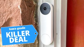 nest doorbell drilled into door frame with deal tag