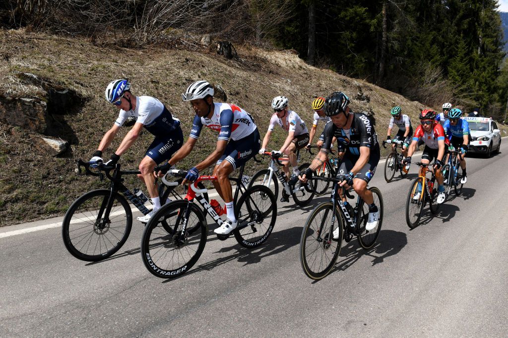 PIEVEDIBONO ITALY APRIL 22 Christopher Froome of United Kingdom and Team Israel StartUp Nation Amanuel Ghebreigzabhier Werkilul of Eritrea and Team Trek Segafredo Nicholas Roche of Ireland and Team DSM Nicolas Prodhomme of France and Ag2R Citroen Team Luis Leon Sanchez Gil of Spain and Team Astana Premier Tech Hermann Pernsteiner of Austria and Team Bahrain Victorious Felix Groschartner of Austria and Team Bora Hansgrohe Marton Dina of Hungary and EoloKometa Cycling Team Attila Valter of Hungary and Team Groupama FDJ on breakaway during the 44th Tour of the Alps 2021 Stage 4 a 1686 to stage from Naturns to Valle del Chiese Pieve di Bono TourofTheAlps TouroftheAlps on April 22 2021 in Pieve di Bono Italy Photo by Tim de WaeleGetty Images