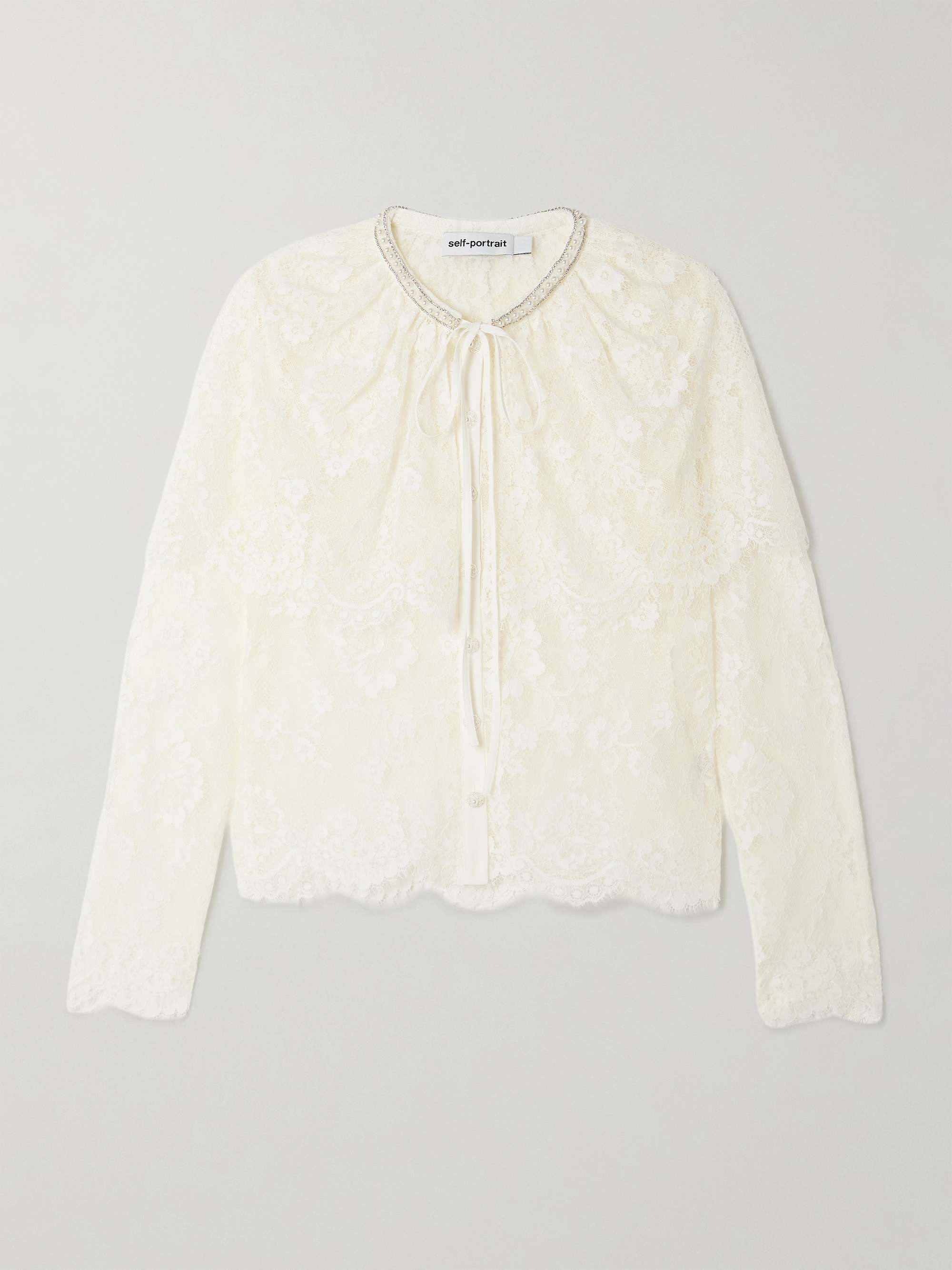 Cape-Effect Scalloped Embellished Lace Blouse