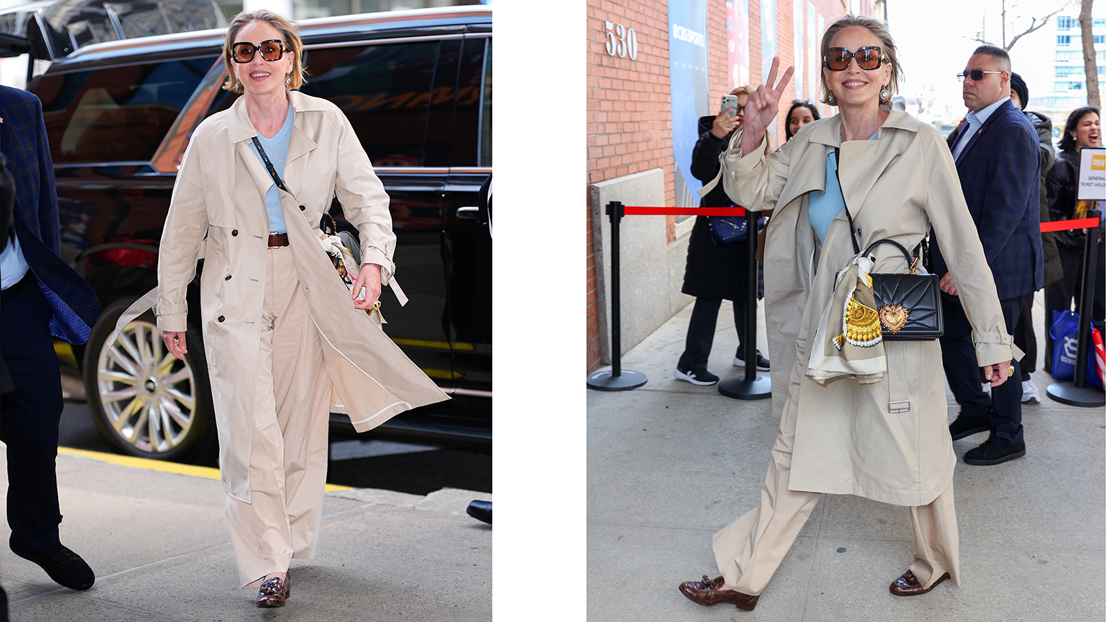 Sharon Stone wearing a trench coat