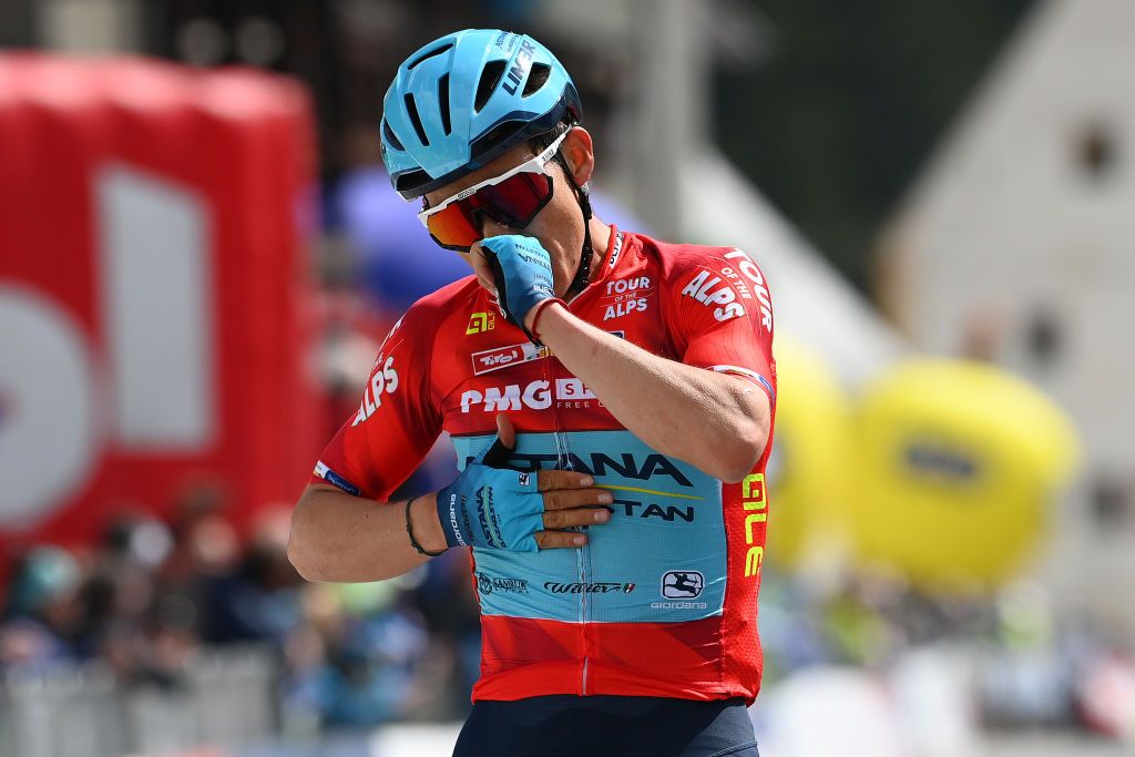 LIENZ AUSTRIA APRIL 21 Miguel ngel Lpez Moreno of Colombia and Team Astana Qazaqstan red intermediate sprint jersey celebrates winning during the 45th Tour of the Alps 2022 Stage 4 a 1424km stage from Villabassa to Kals am Grossglockner 1336m TouroftheAlps on April 21 2022 in Lienz Austria Photo by Tim de WaeleGetty Images