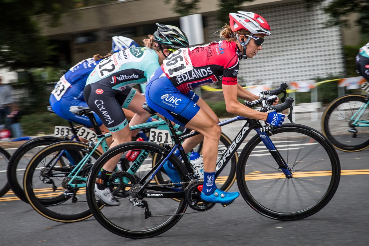 Katie Hall (UnitedHealthcare) riding in the climbers jersey today.\