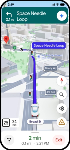 Immersive Navigation in Google Maps offers finer details, showing nearby buildings, street lights, and more in a 3D view.