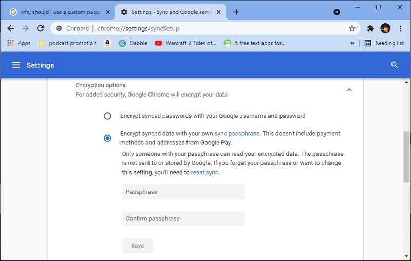 Desktop Chrome Sync Passphrase Ss