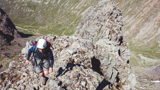 what is trad climbing: climber on Tower Ridge, Ben Nevis