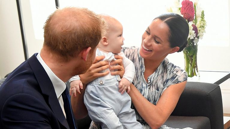 Britain's Prince Harry and his wife Meghan, Duchess of Sussex, holding her son Archie, meet Archbishop Desmond Tutu and his daughter Thandeka at the Desmond & Leah Tutu Legacy Foundation in Cape Town, South Africa, September 25, 2019. REUTERS/Toby Melville/Pool