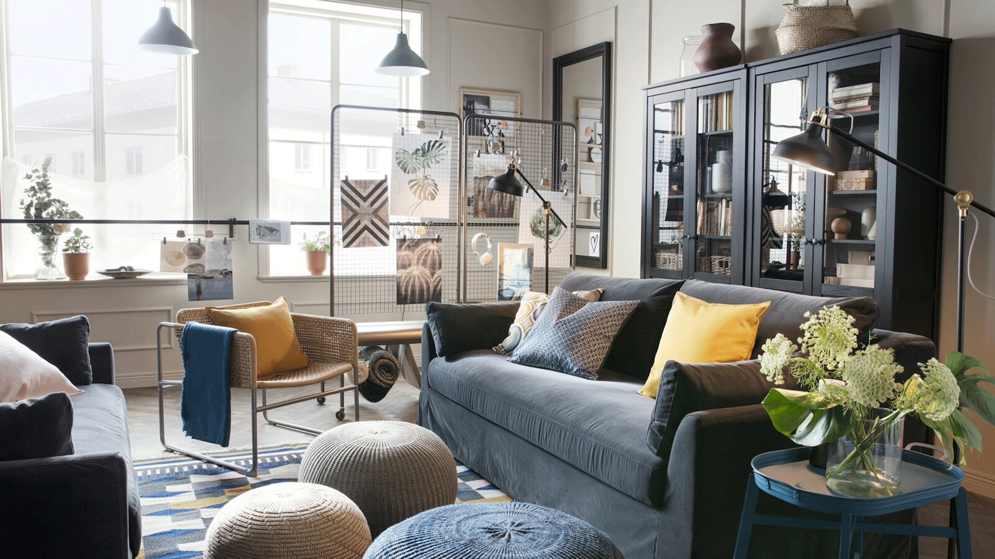 A living room with ballet / barre home gym set up with metal cage room divider 