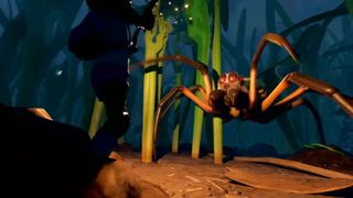 A player character faces off against a spider in Grounded.