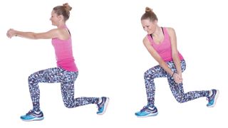 Woman doing a lunge with twist, one of the key moves in our 30-day flat stomach workout challenge