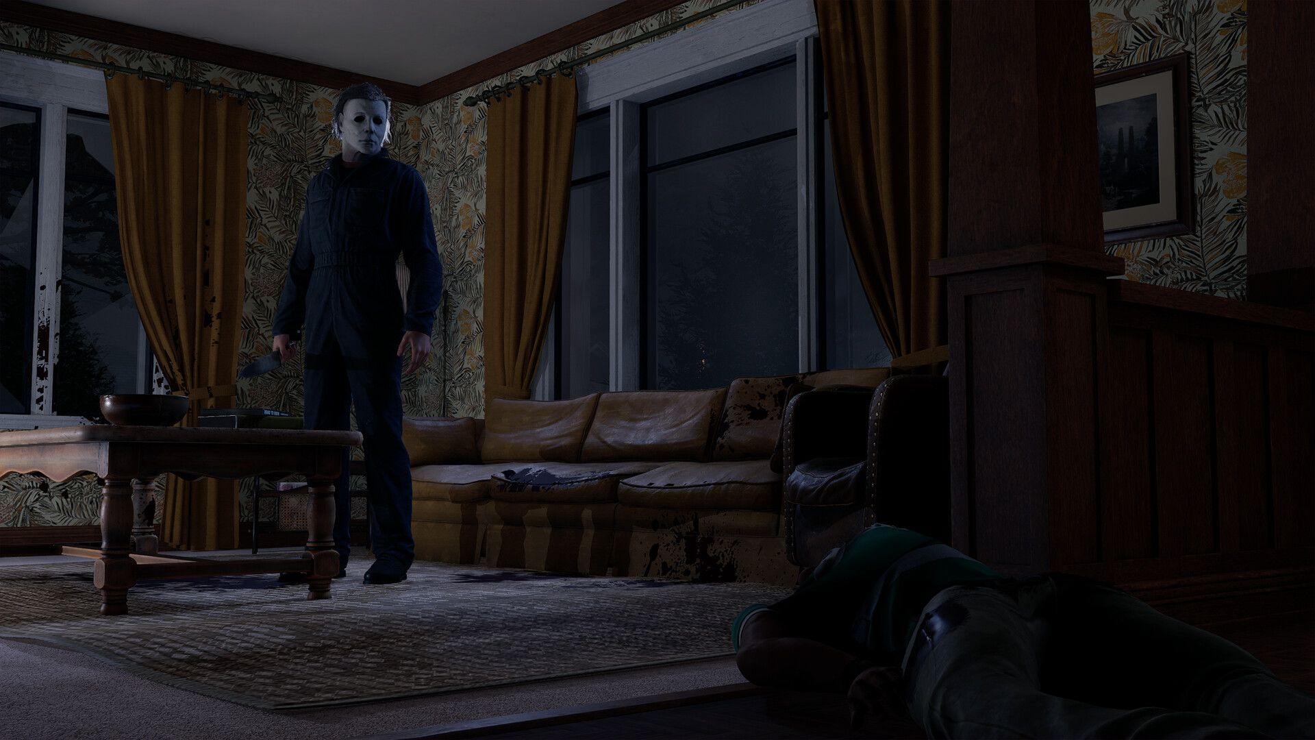 Halloween: The Game screenshot of Michael Myers, who wears his signature mask, standing in a house