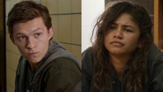 A side by side of Peter looking like he got caught and MJ looking diapproving in Spider-Man: Homecoming 