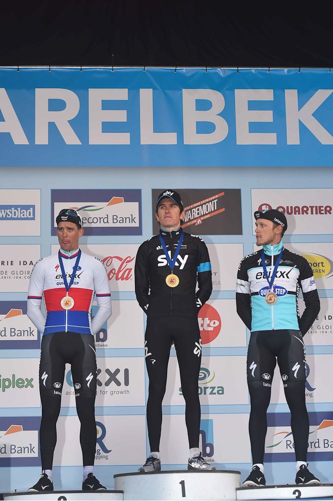The E3 Harelbeke podium: Stybar, Thomas and Trentin.
