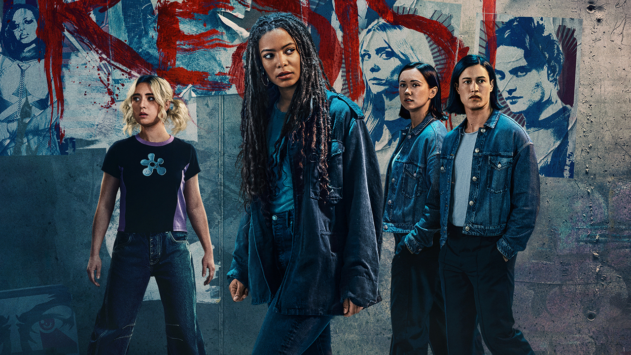A screenshot of the official key art for Gen V season 2, which shows Emma, Marie, and Jordan standing in front of a wall filled with graffiti
