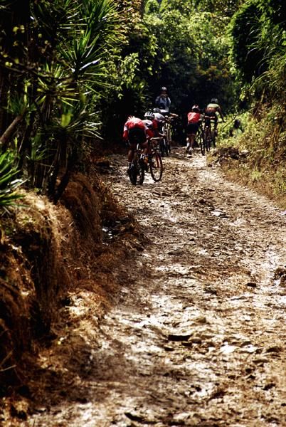 Racers on a steep climb.