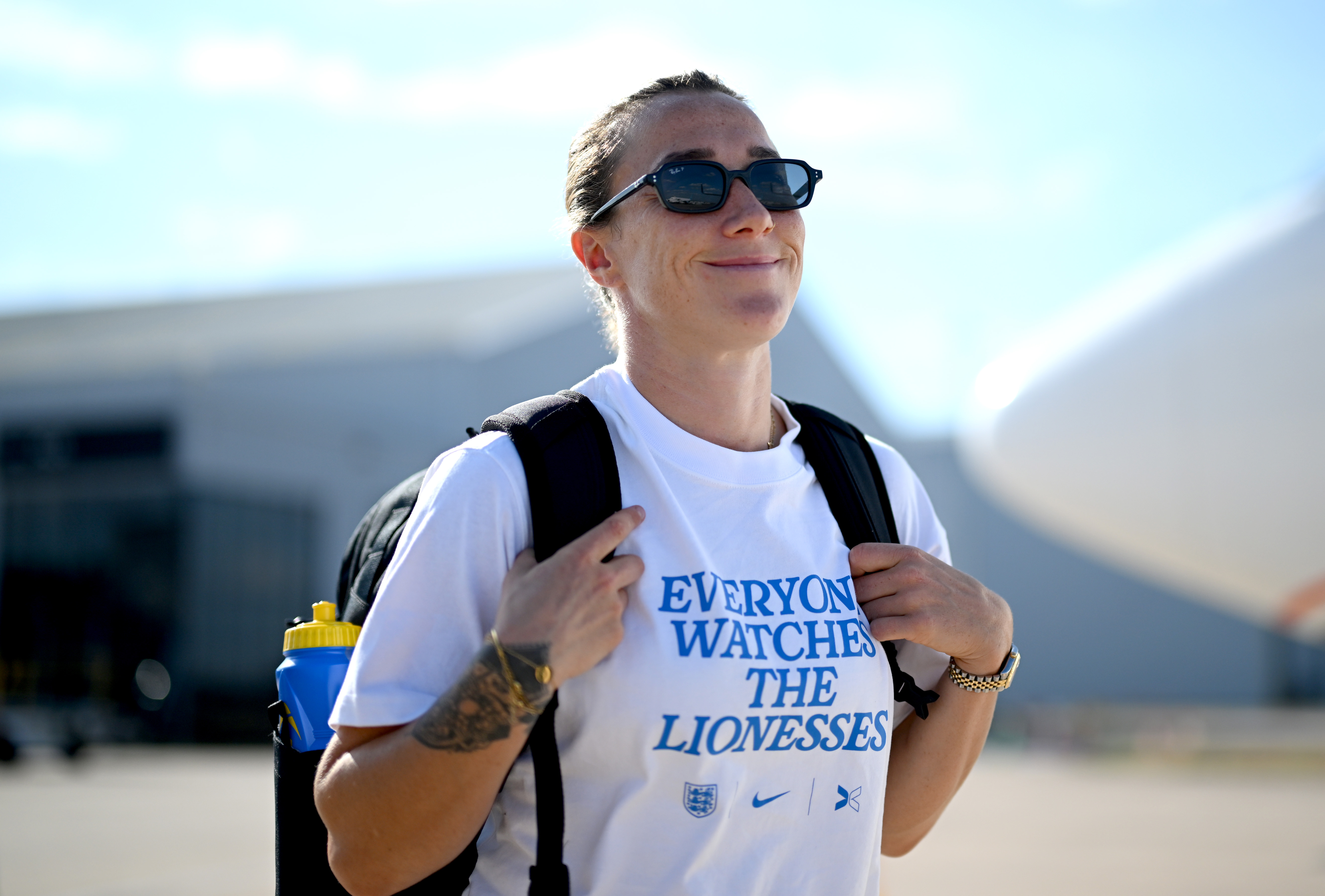 Lucy Bronze boards England&#039;s flight to Switzerland for Euro 2025, wearing a T-shirt reading &#039;everyone watches the Lionesses&#039;