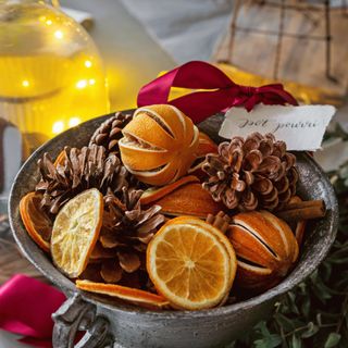 christmas decoration with dry oranges and flower in pot