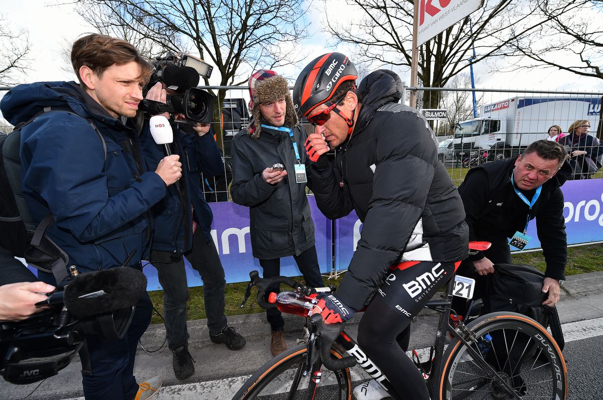 Greg Van Avermaet takes a moment before the post-race TV interview