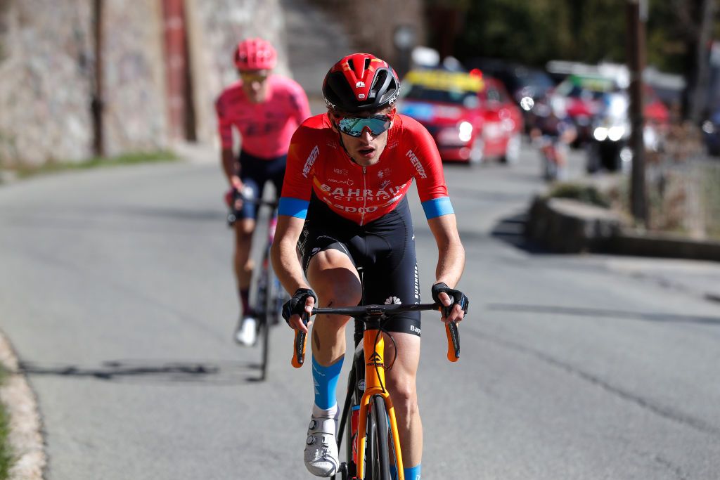 VALDEBLORE LA COLMIANE FRANCE MARCH 13 Gino Mader of Switzerland and Team Bahrain Victorious Neilson Powless of United States and Team EF Education Nippo during the 79th Paris Nice 2021 Stage 7 a 119km stage from Le Broc to Valdeblore La Colmiane 1501m Breakaway Stage itinerary redesigned due to COVID19 lockdown imposed in the city of Nice ParisNice on March 13 2021 in Valdeblore La Colmiane France Photo by Bas CzerwinskiGetty Images