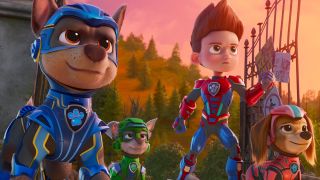 Christian Convery as “Chase", Callum Shoniker as “Rocky", Finn Lee-Epp as “Ryder", and Marsai Martin as “Liberty" in Paw Patrol: The Mighty Movie