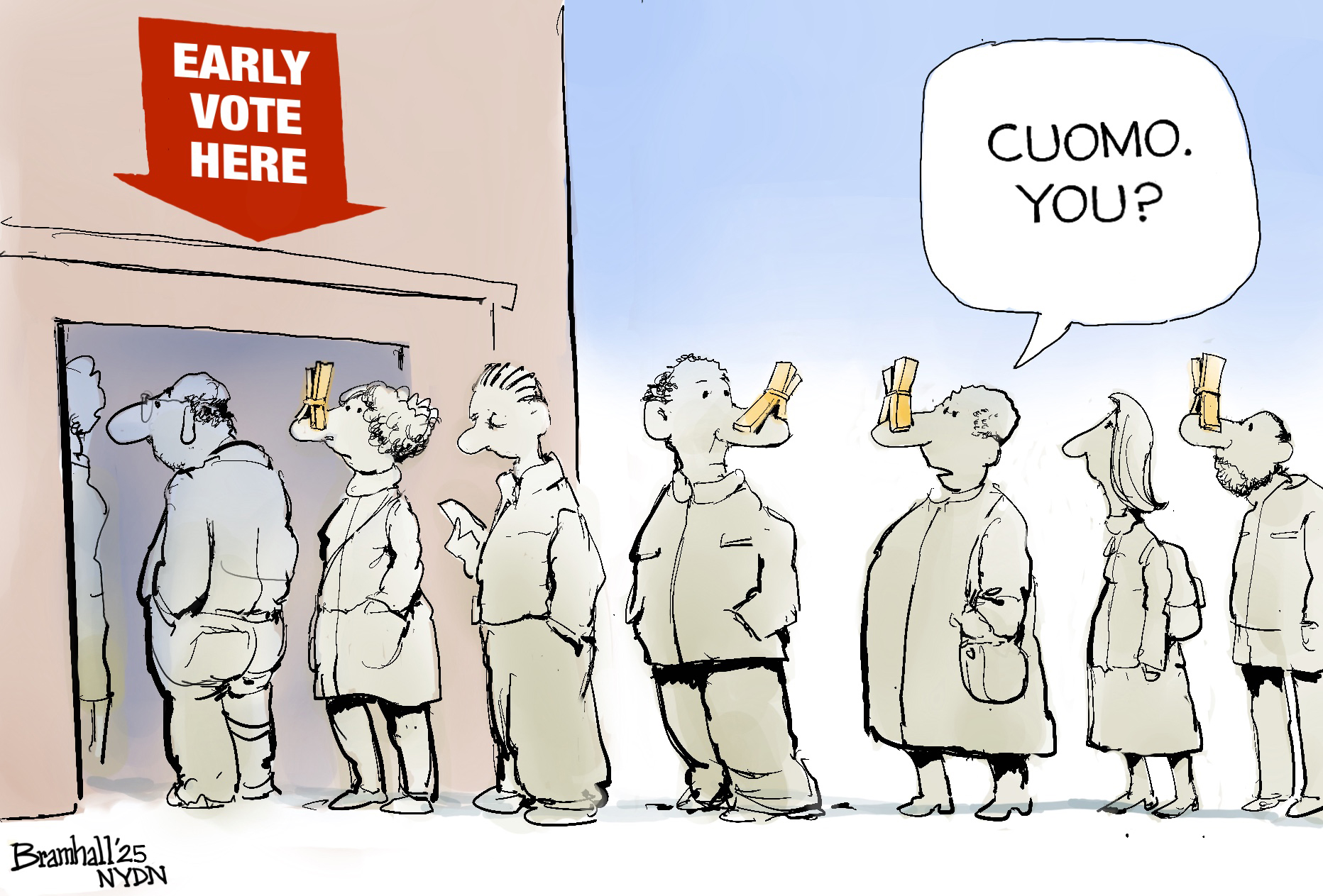 New York City residents line up to cast a vote in this editorial cartoon. Many of them have clothespins on their noses. One says to another, “Cuomo. You?”