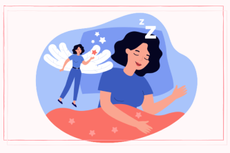 a cartoon illustration of a woman in bed lucid dreaming fast