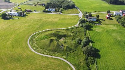 An aerial view of the burial mound in central Norway.