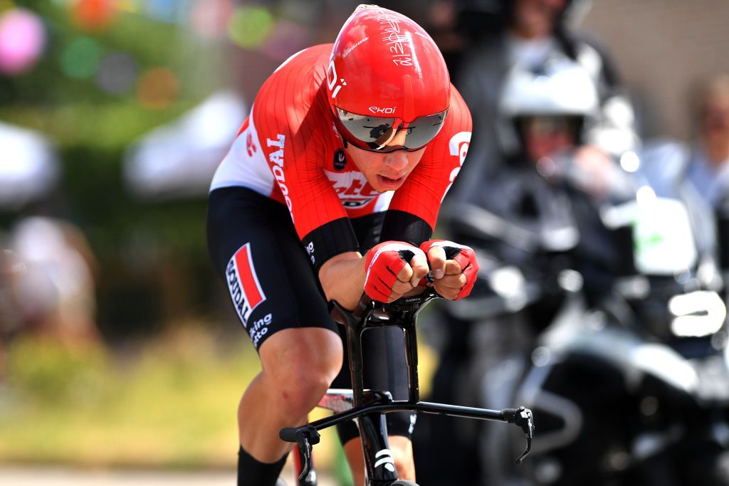 GAVERE BELGIUM JUNE 23 Florian Vermeersch of Belgium sprints during the 123rd Belgian Road Championship 2022 Mens Individual Time Trial a 348km individual time trial one day race from Gavere to Gavere ITT BelgianCycling140 on June 23 2022 in Gavere Belgium Photo by Luc ClaessenGetty Images