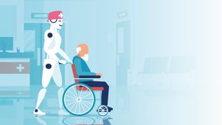 An illustration of a smiling robot healthcare worker pushing an elderly man in a wheelchair